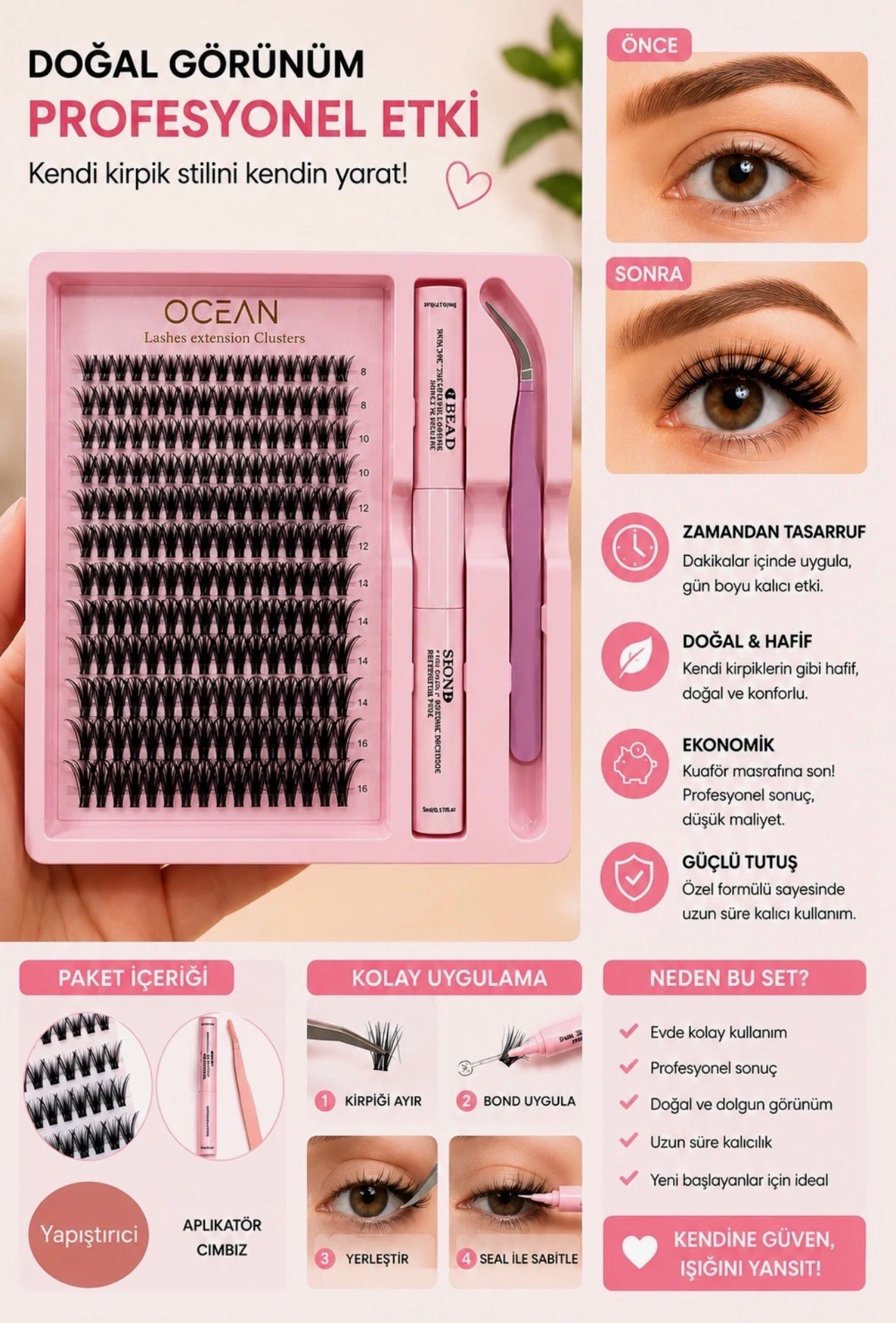 Ocean Takma Kirpik Seti, Kirpik Cımbızı, Eyeliner Yapıştırıcı