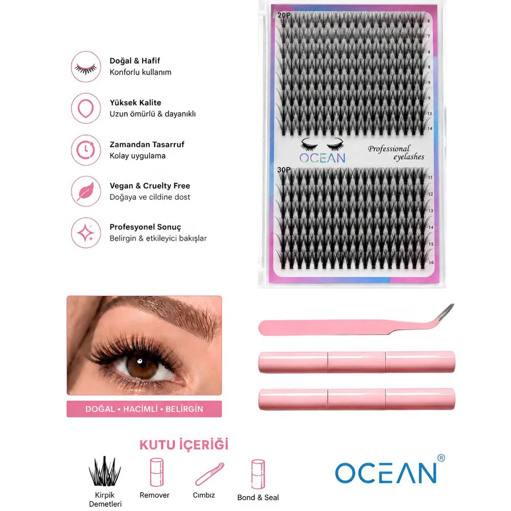 Ocean Takma Kirpik Seti, 370 Adet Kirpik, Kirpik Cımbızı, Eyeliner Yapıştırıcı, Kirpik Fırçası